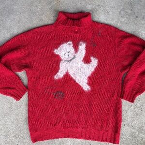 Vintage 60s Neuma sweater red cotton cute white fuzzy bear holiday sz L EUC Rare